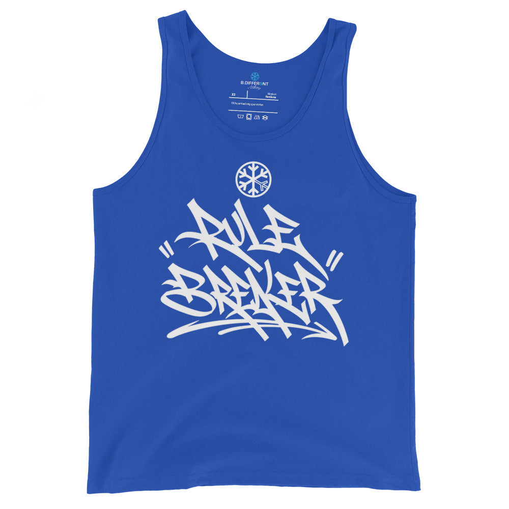 Blue-Rule Breaker Graffiti Tag Tank Top from B.Different Clothing, front view, graffiti-inspired streetwear