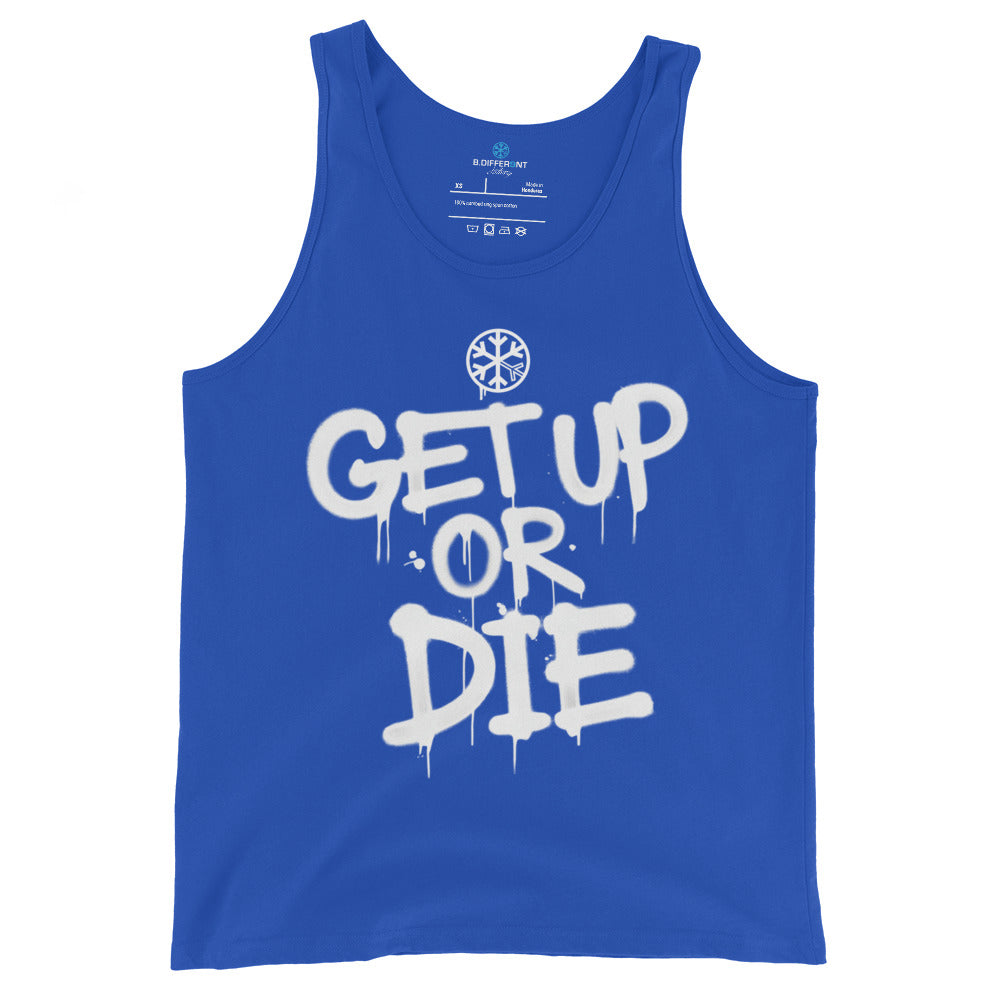 Blue-Get Up or Die Graffiti Tag Tank Top from B.Different Clothing, front view, graffiti-inspired streetwear