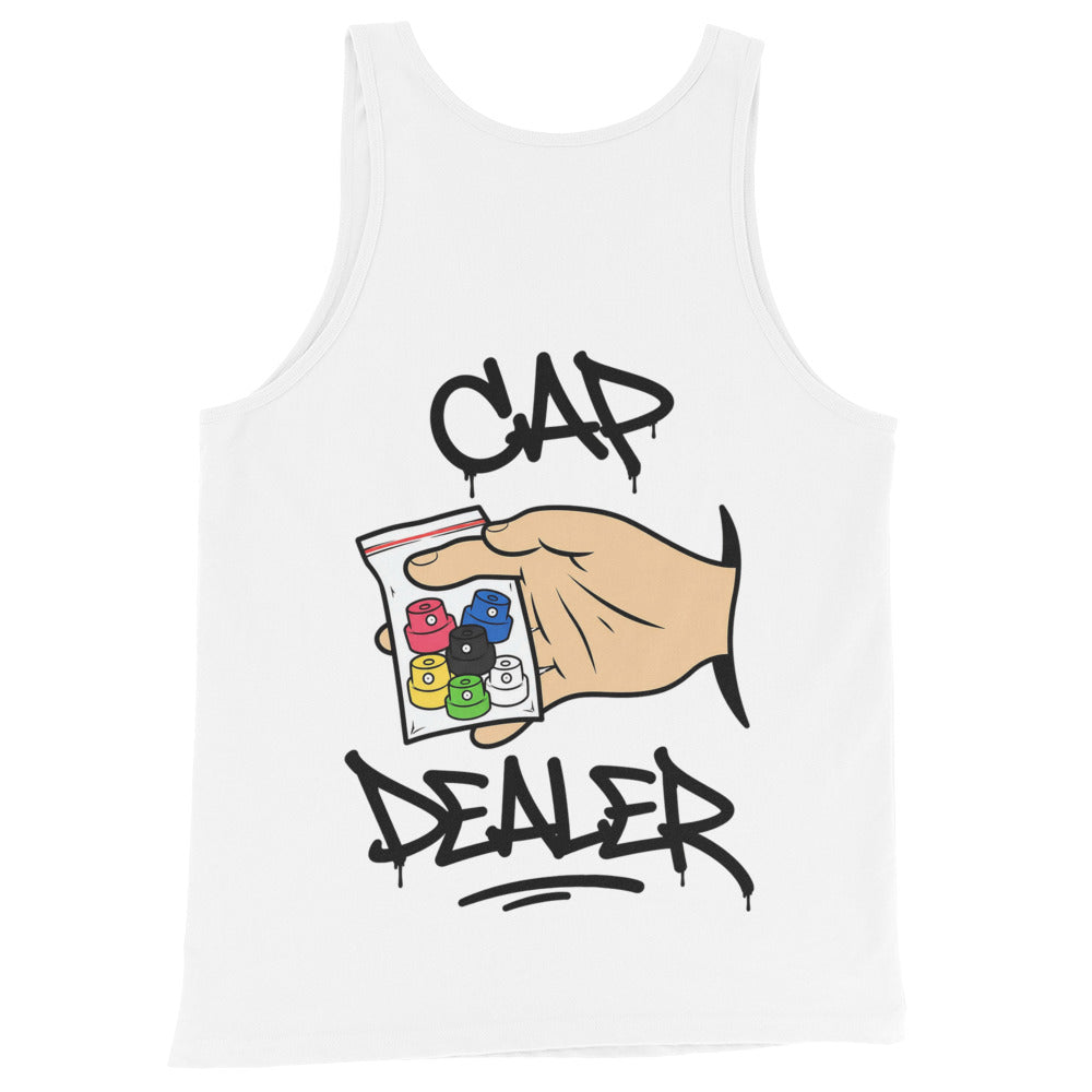 White-Cap Dealer Graffiti Tank Top from B.Different Clothing, back view, graffiti-inspired streetwear