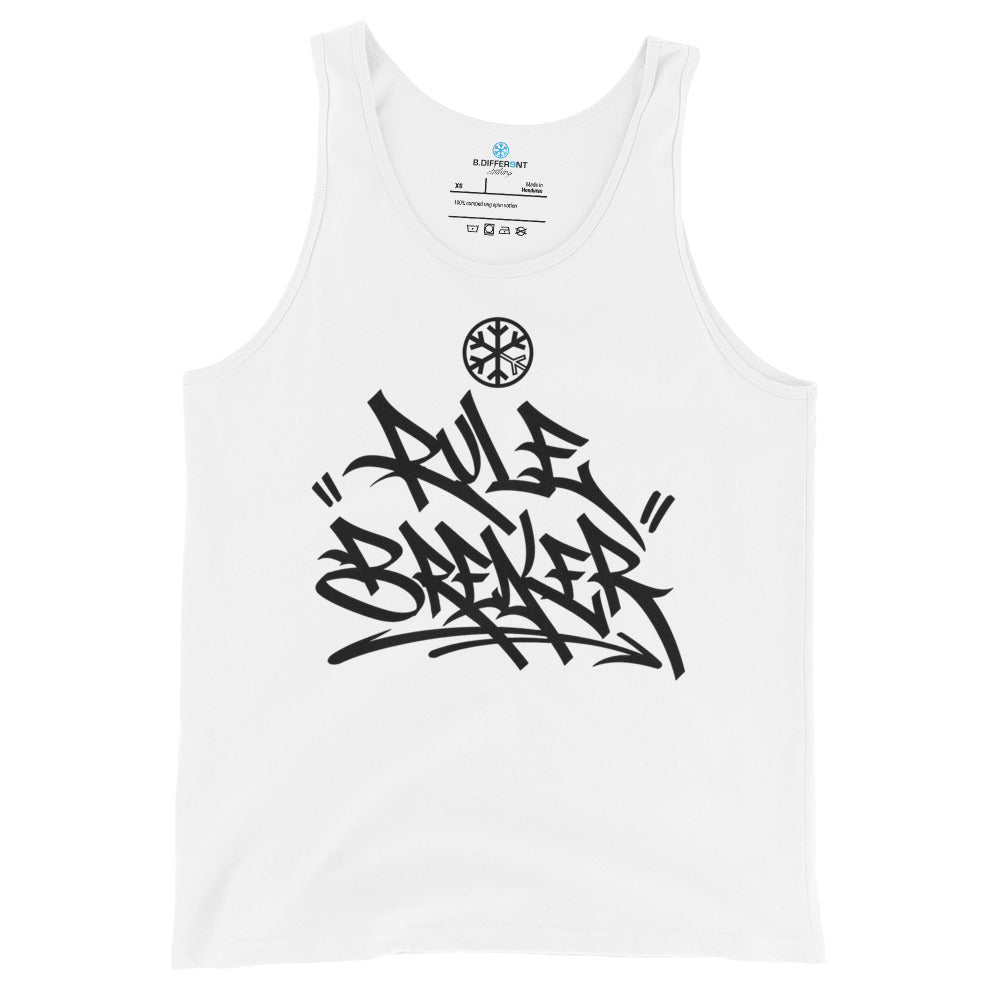 White-Rule Breaker Graffiti Tag Tank Top from B.Different Clothing, front view, graffiti-inspired streetwear