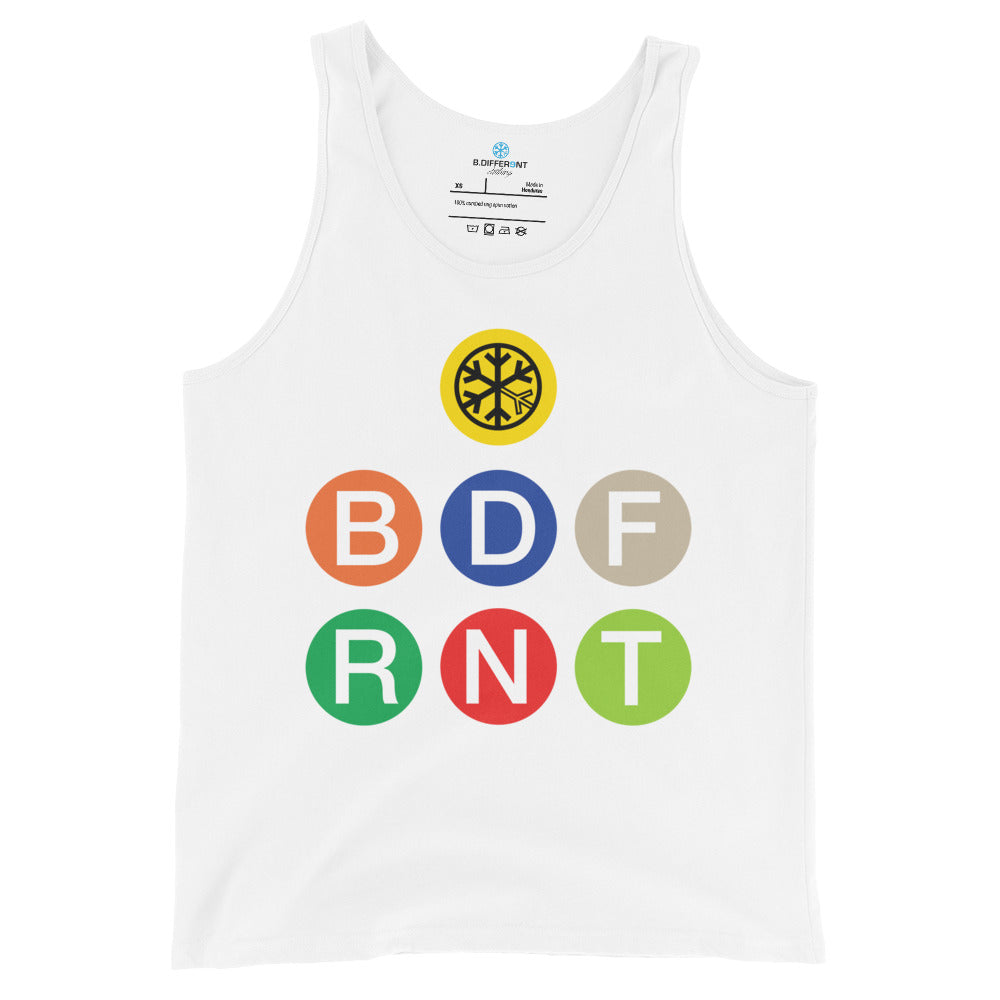 White-BDFRNT NYC Subway Tank Top from B.Different Clothing, front view, graffiti-inspired streetwear