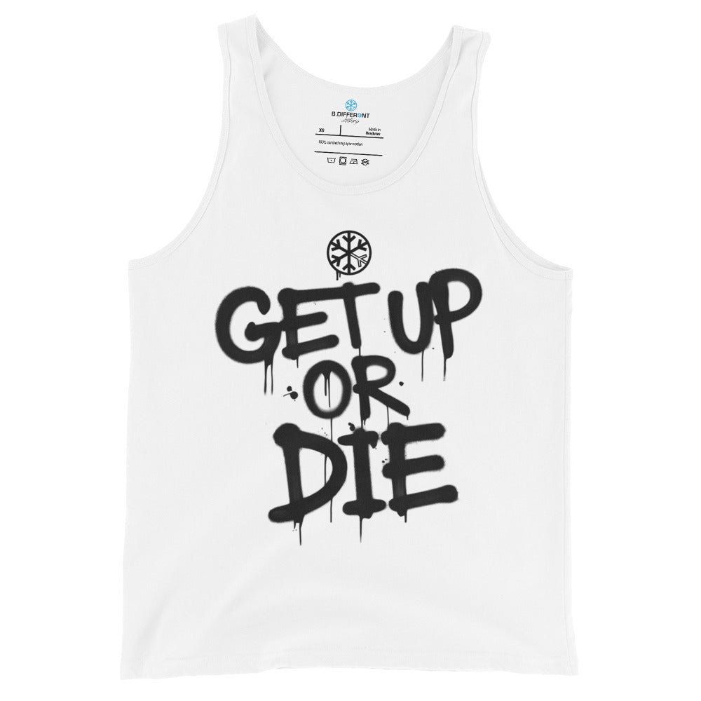 White-Get Up or Die Graffiti Tag Tank Top from B.Different Clothing, front view, graffiti-inspired streetwear
