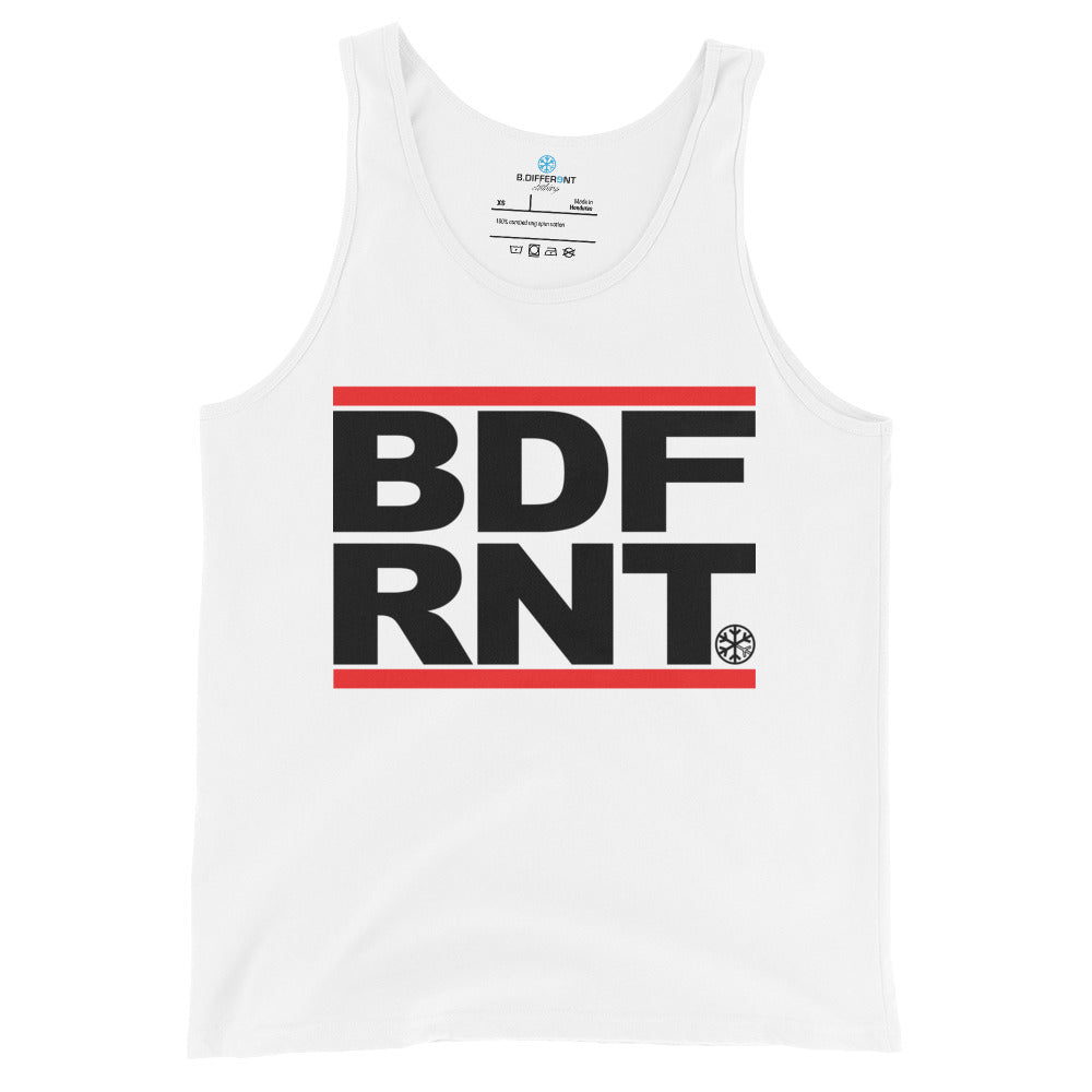 White-BDFRNT OG Logo Tank Top from B.Different Clothing, front view, graffiti-inspired streetwear