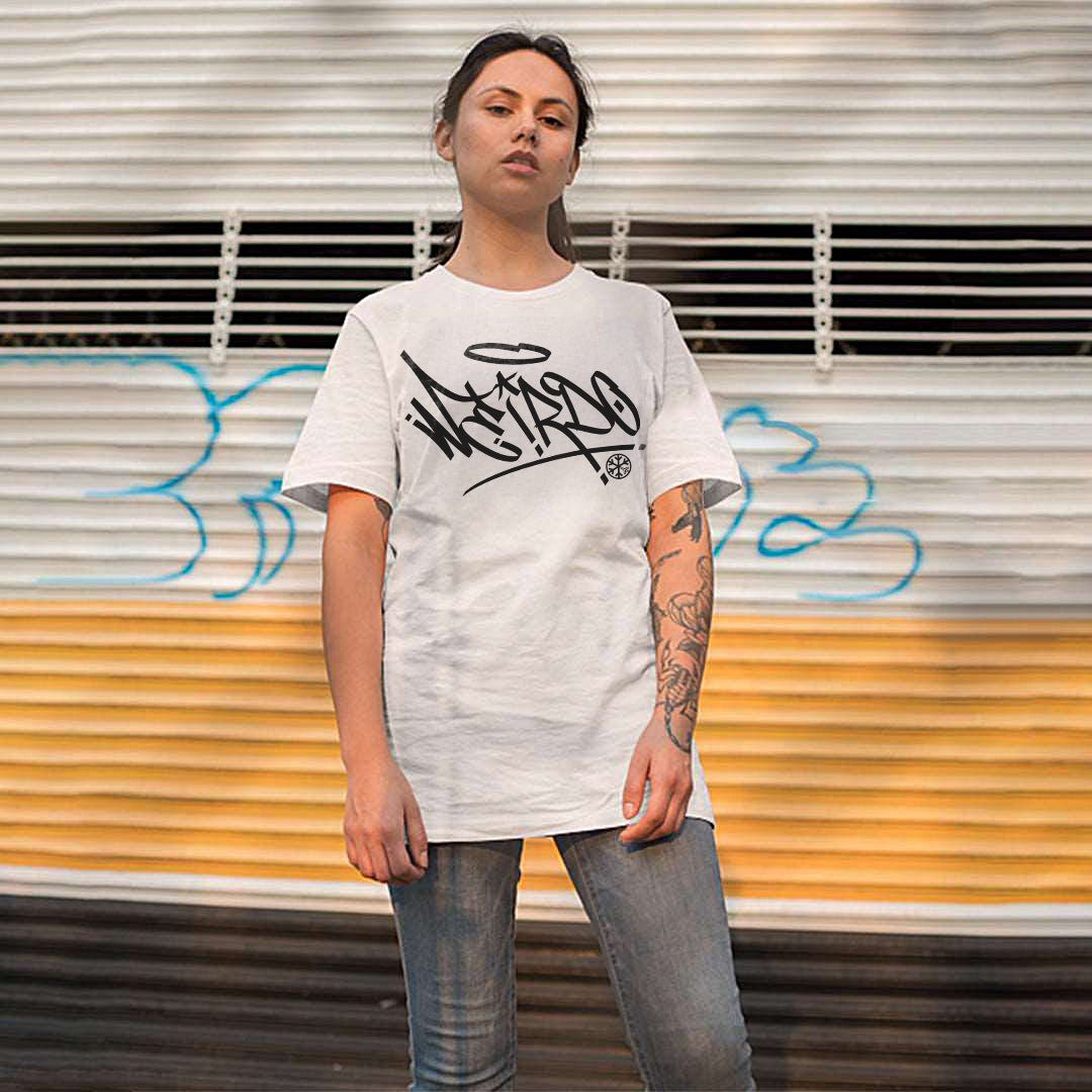 White-Weirdo Tag Graffiti Tee from B.Different Clothing, female model, graffiti-inspired streetwear t-shirt