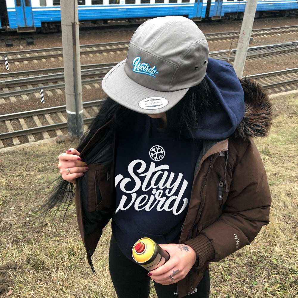 Navy-Stay Weird Hoodie from B.Different Clothing, female model, graffiti-inspired streetwear