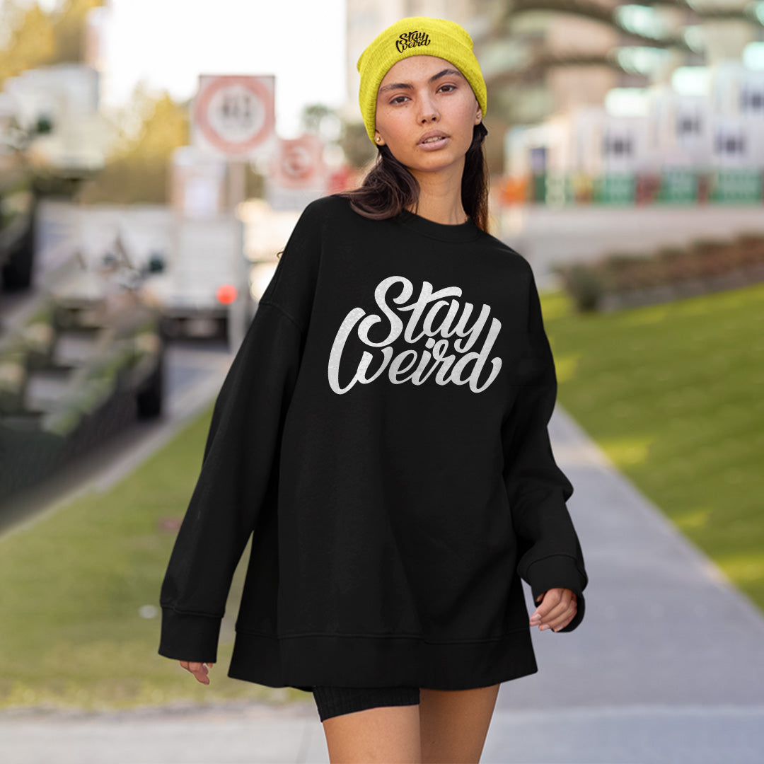 woman wearing sweatshirt Stay Weird black by B.Different Clothing independent streetwear brand inspired by street art graffiti