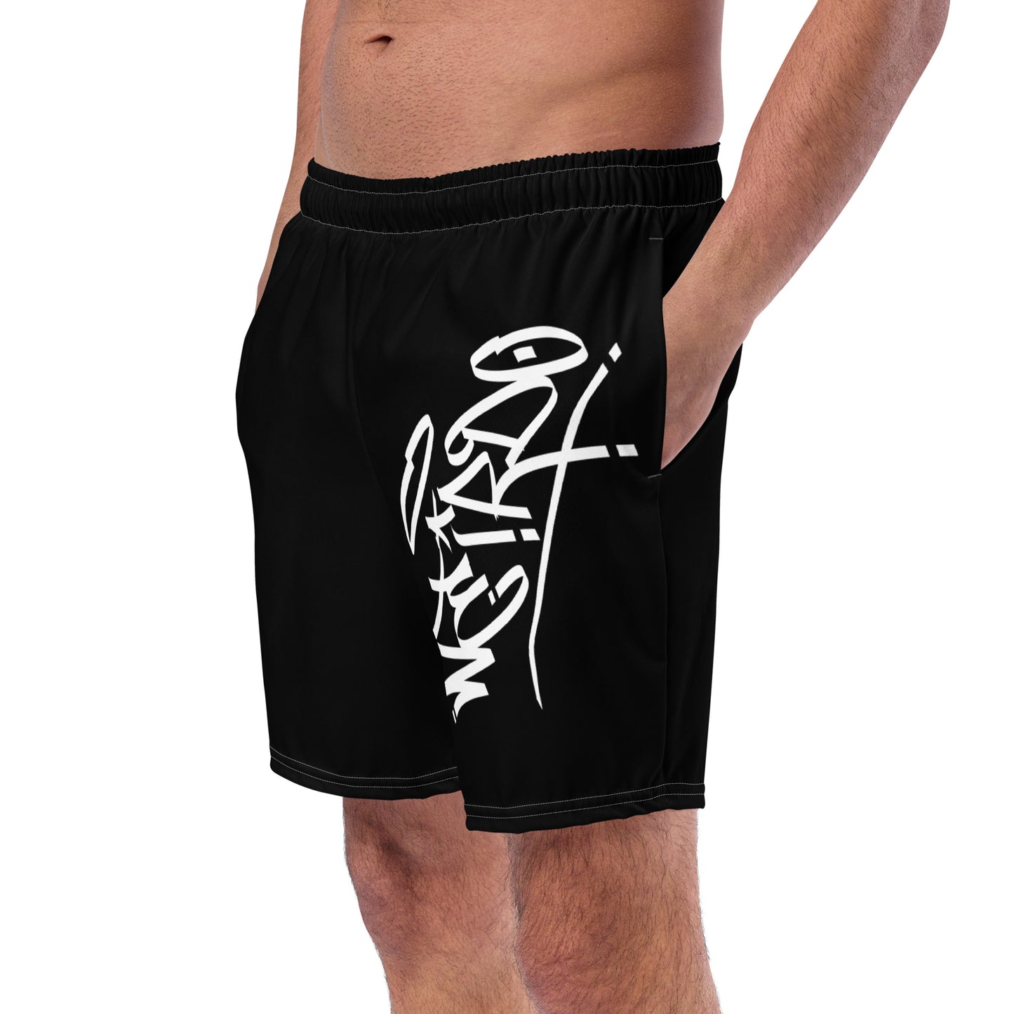 side man wearing weirdo tag swim shorts black by B.Different Clothing independent streetwear inspired by street art graffiti
