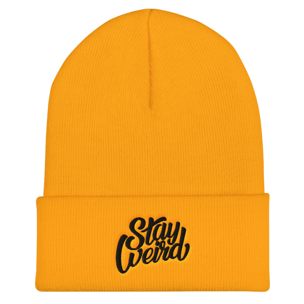 flat Stay Weird gold beanie by B.Different Clothing independent streetwear inspired by street art and graffiti