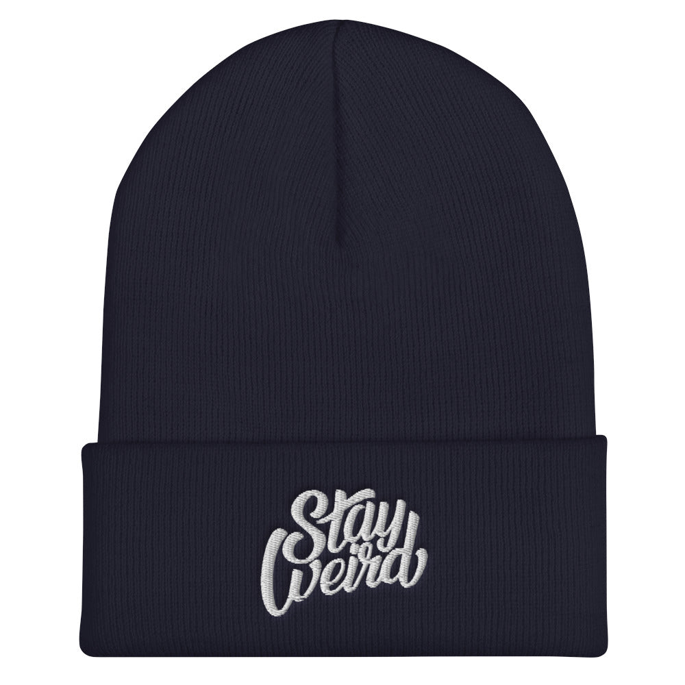 flat Stay Weird navy beanie by B.Different Clothing street art and graffiti inspired brand for weirdos, outsiders, and misfits.