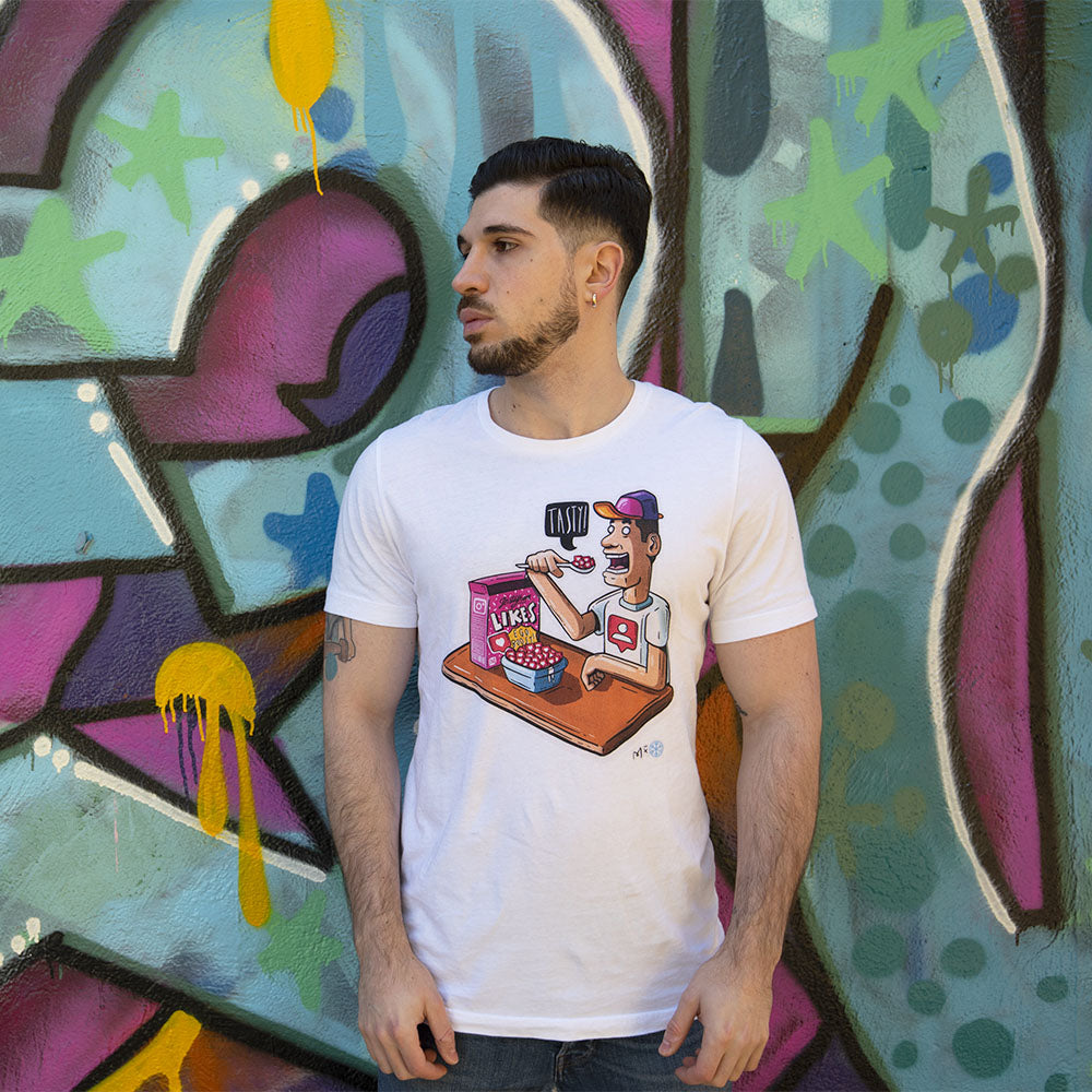 man with t-shirt Ego Boost Tee white limited edition by B.Different Clothing independent streetwear inspired by street art graffiti
