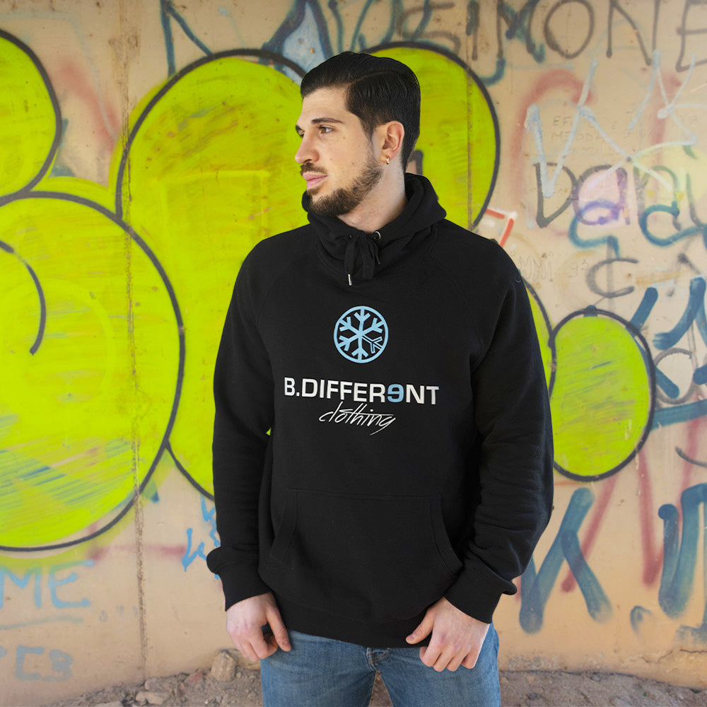 man wearing hoodie Logo black by B.Different Clothing independent streetwear brand inspired by street art graffiti