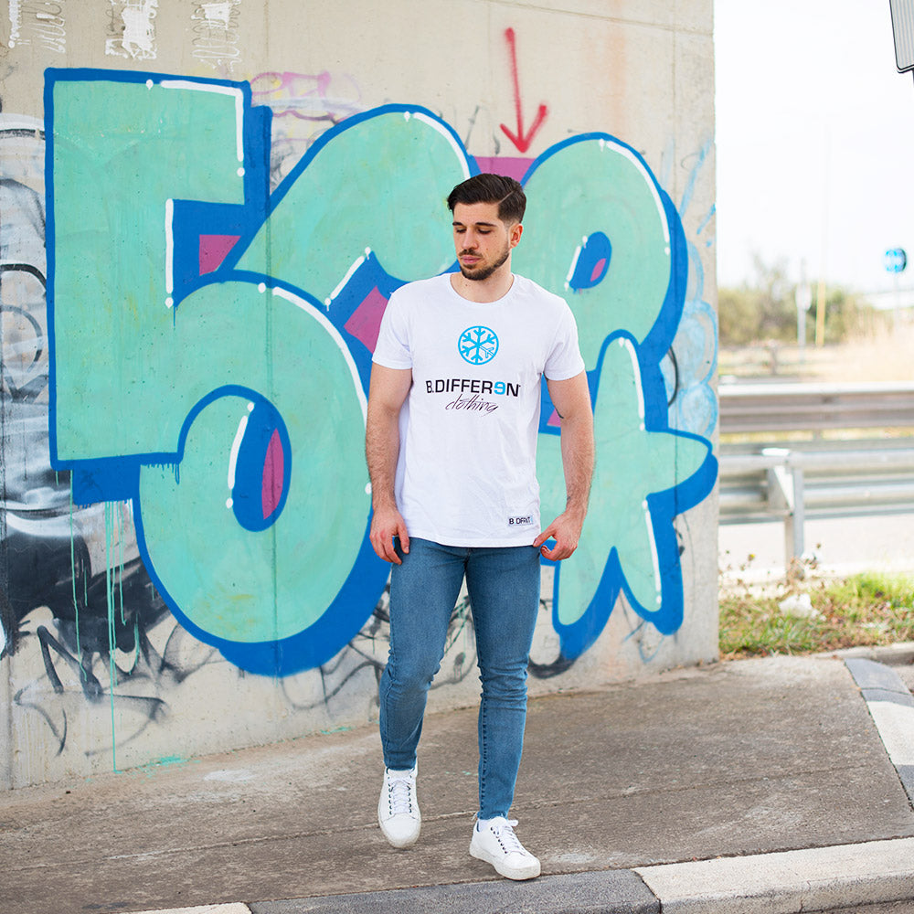 man wearing t-shirt Logo Tee by B.Different Clothing independent streetwear inspired by street art graffiti