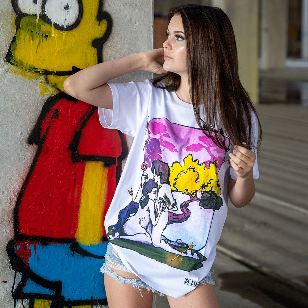 woman with t-shirt Hug Tee by B.Different Clothing independent streetwear inspired by street art graffiti