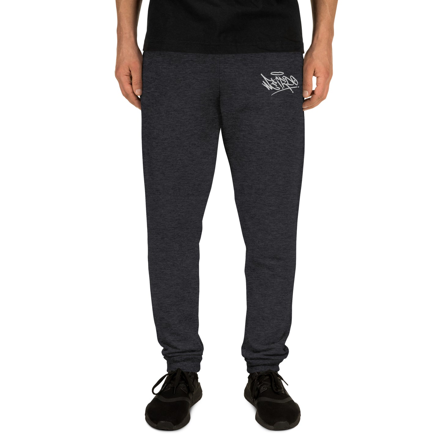 man wearing Weirdo Tag joggers Dark Gray by B.Different Clothing street art graffiti inspired brand for weirdos, outsiders, and misfits.