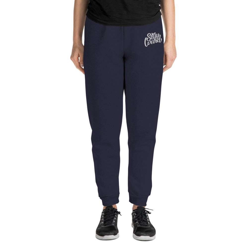 woman with navy joggers stay weird by B.Different Clothing independent streetwear inspired by street art graffiti