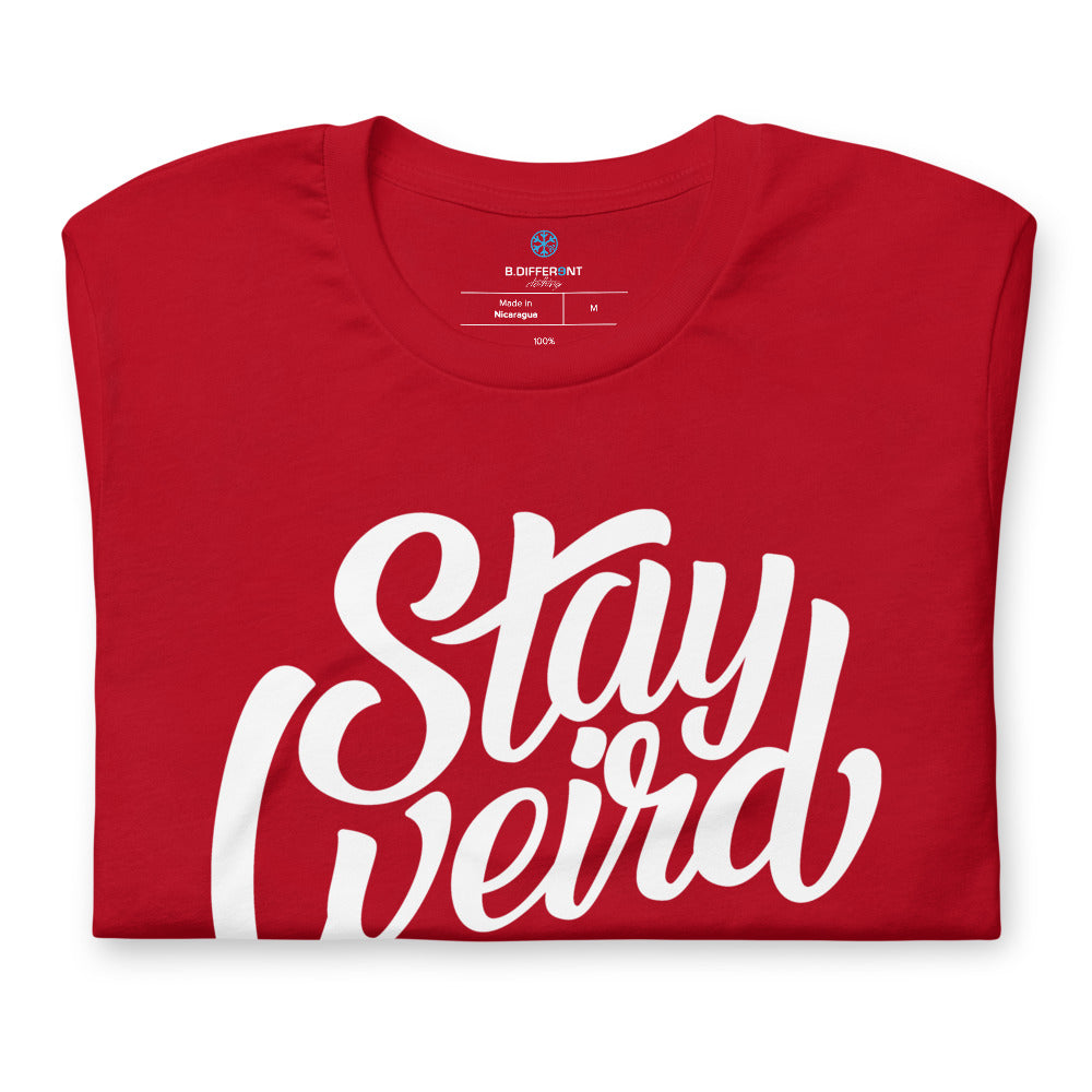 folded t-shirt Stay Weird tee red by B.Different Clothing independent streetwear inspired by street art graffiti