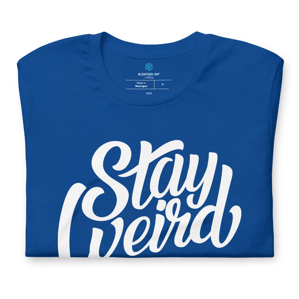 folded t-shirt Stay Weird tee blue by B.Different Clothing independent streetwear inspired by street art graffiti